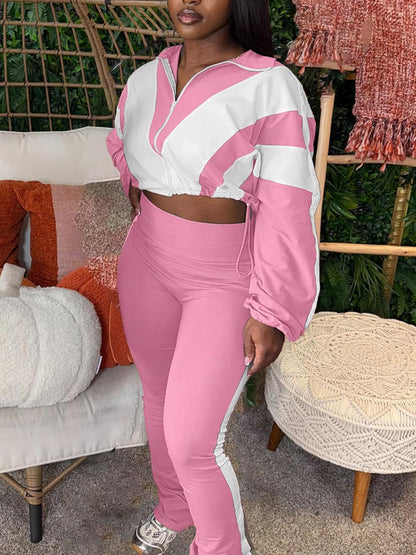 Women 2 Piece Outfit Long Sleeve Zip Up Crop Jacket High Waist Stretchy Pants