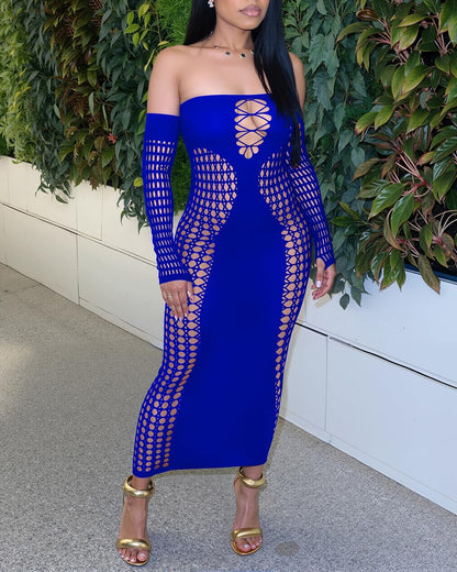 Women's Dress Sexy Club Dress Elegant Long Sleeve Off Shoulder Hollow Out Mesh Bodycon Party Dresses