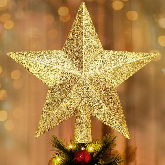 Glitter Christmas Star Tree Topper for Holiday Decorations, Christmas Tree Decoration for Holiday Ornament and Home Decor, Shatterproof Tree Toppers for Party Indoor ＆ Outdoor-Gold 8 inch