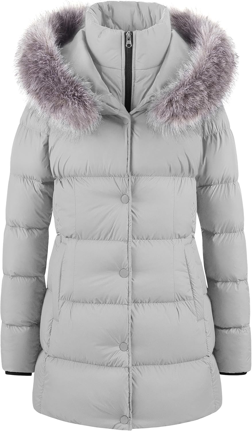 CREATMO US Women's Winter Snow Jacket Long Fur Puffer Coat With Removable Faux Fur Trim