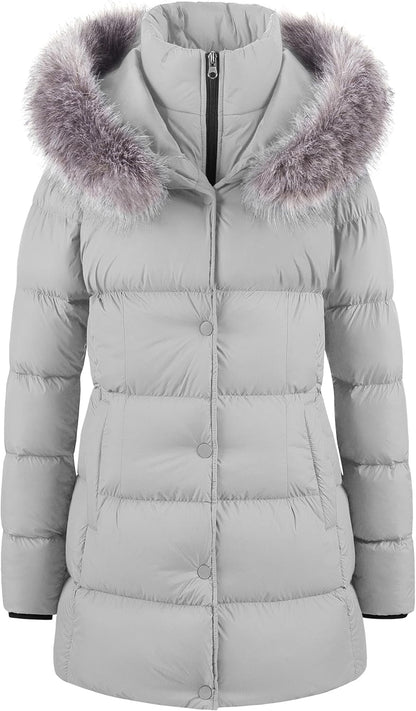 CREATMO US Women's Winter Snow Jacket Long Fur Puffer Coat With Removable Faux Fur Trim