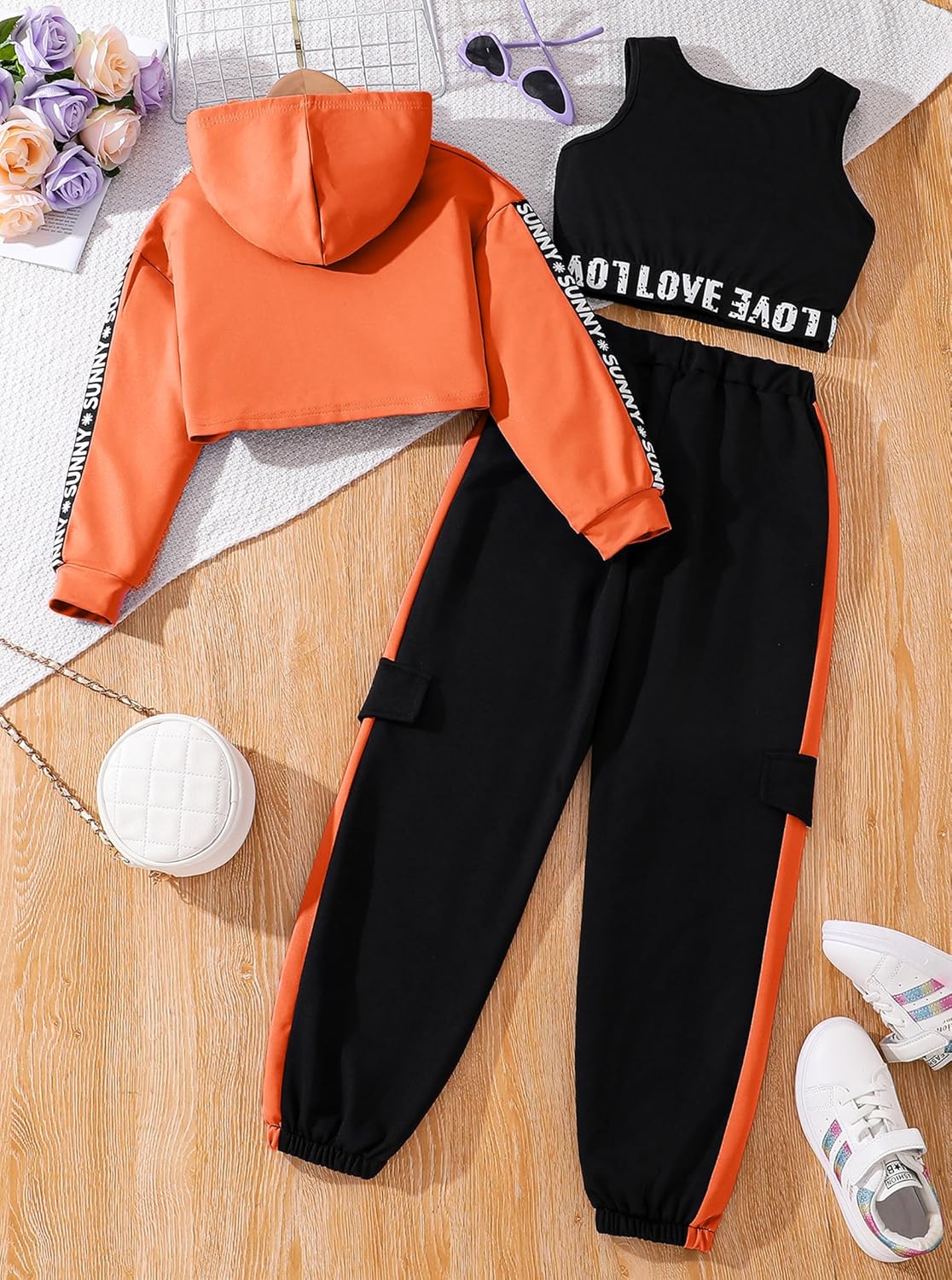 Hilinker Girls Graphic 3 Piece Outfits Workout Crop Hoodie Ribbed Tank and Sweatpants Set