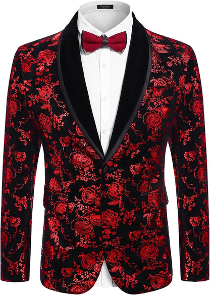 COOFANDY Men's Velvet Tuxedo Floral Blazer Jacket One Button Shawl Lapel Suit Jacket for Dinner Prom Party Wedding