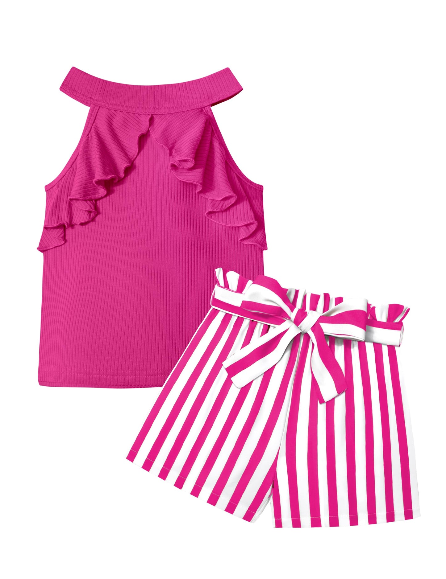 MIGU Girls Clothes Summer Halter Neck Ruffle Sleeveless Top Fashion Cute Floral Belt Shorts Two Piece Outfit Set Size 6-12