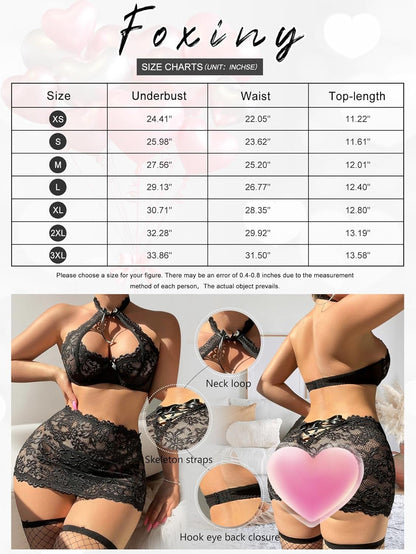 Sexy Cutout Halter Underwire Sheer Mini Skirt Stocking Lingerie Set 4 Piece Outfits