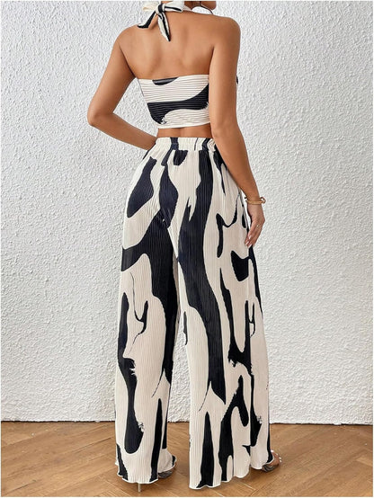 OYOANGLE Women's 2 Piece Outfits Graphic Print Knitted Crop Halter Top and Wide Leg Pants Set