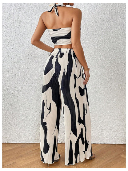 OYOANGLE Women's 2 Piece Outfits Graphic Print Knitted Crop Halter Top and Wide Leg Pants Set
