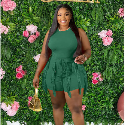 Elainone Two Piece Outfits for Women Sexy Bodycon Sleeveless Tops Drawstring Waist Shorts Sets