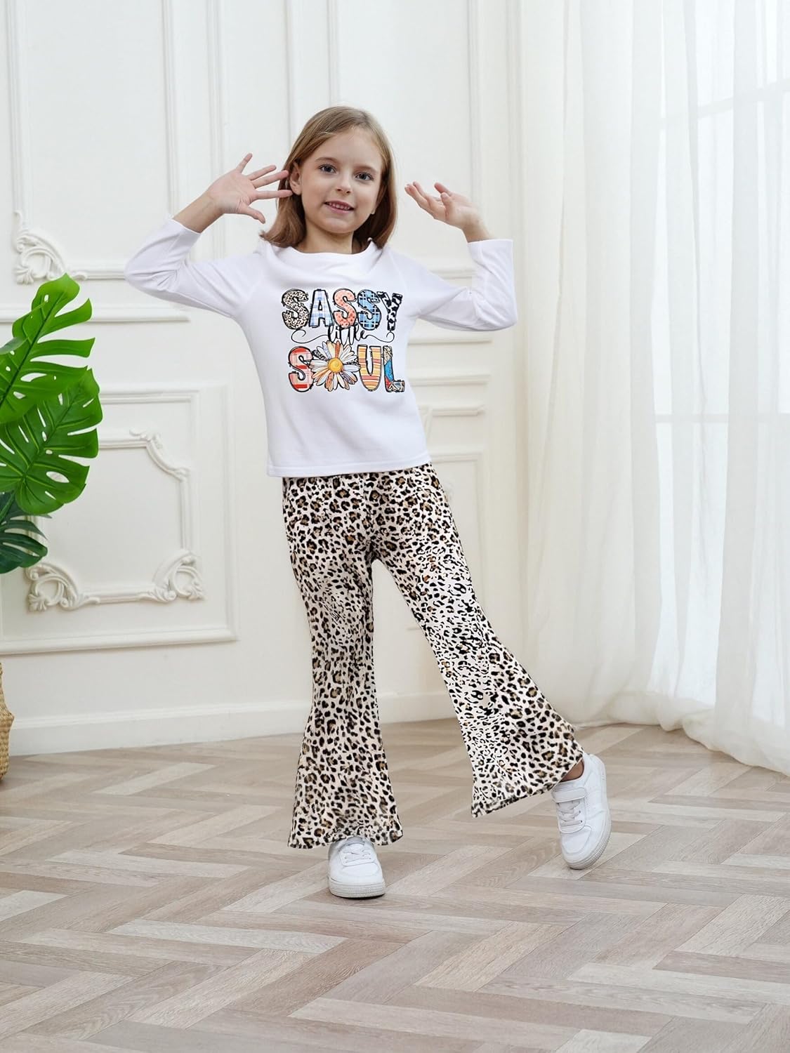 Toddler Girl Clothes Long Sleeve Cartoon & Letter Graphic Top + Fruit Stationery Print Flared Leg Pants