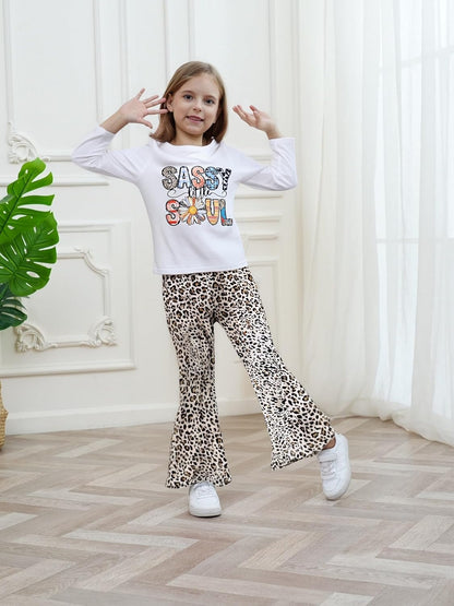 Toddler Girl Clothes Long Sleeve Cartoon & Letter Graphic Top + Fruit Stationery Print Flared Leg Pants
