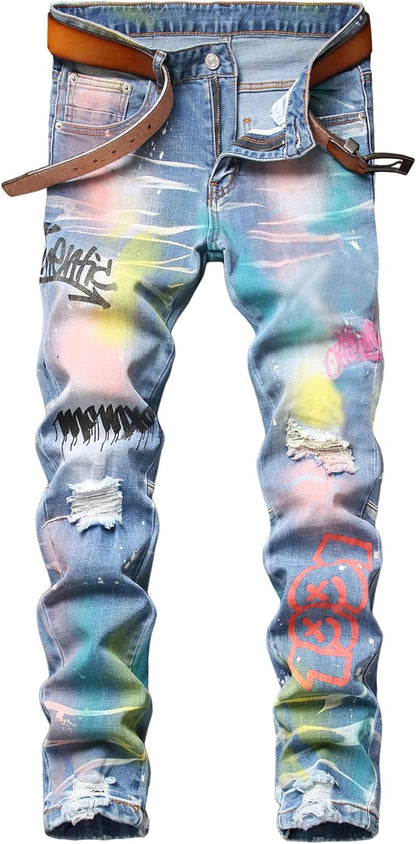 Baylvn Men's Casual Printed Slim Fit Jeans Skinny Denim Pants