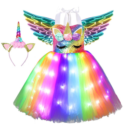 Soyoekbt Girls Unicorn Costume LED Light Up Unicorn Dress Birthday Party Princess Dress for Halloween Party