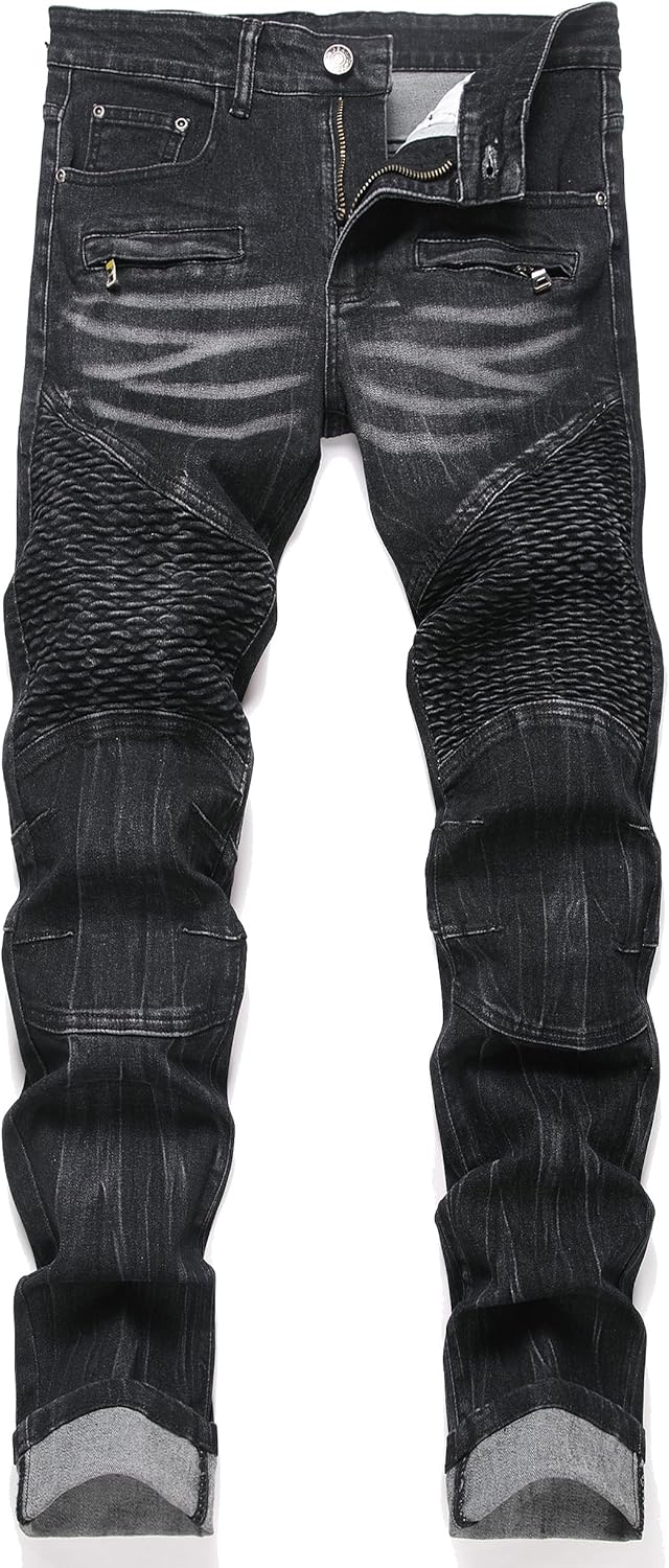 RXXKKK Men's Classic Zipper Biker Regular Fit Flex Jean