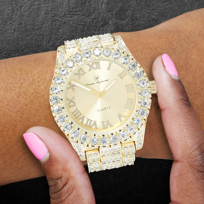 Charles Raymond Women's Big Rocks Bezel Colored Dial with Roman Numerals Fully Iced Out Watch - ST10327LA