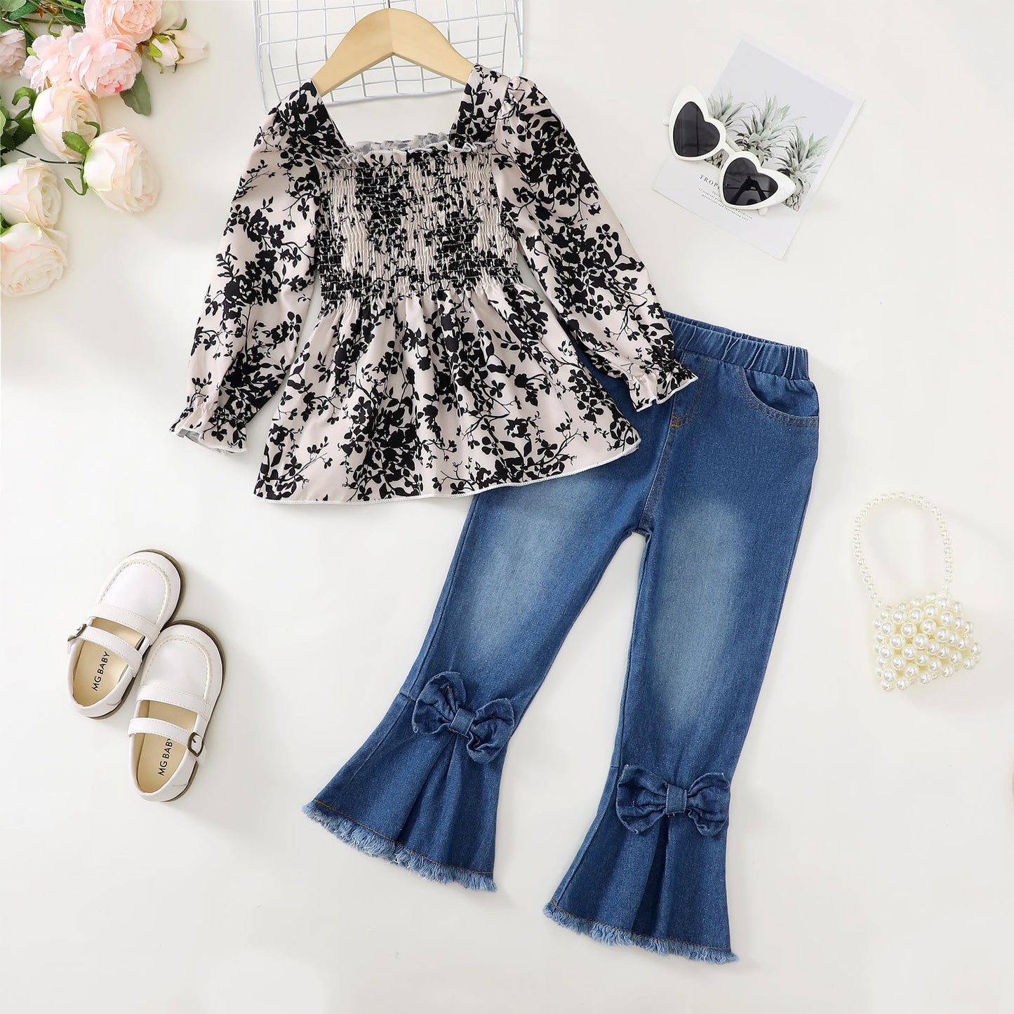 Kucnuzki Toddler Kids Girls Clothes Short Sleeve Shirt Top Flare Denim Jeans 2 Piece Outfits For Girls Cute Clothing Set