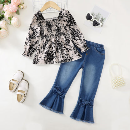 Kucnuzki Toddler Kids Girls Clothes Short Sleeve Shirt Top Flare Denim Jeans 2 Piece Outfits For Girls Cute Clothing Set