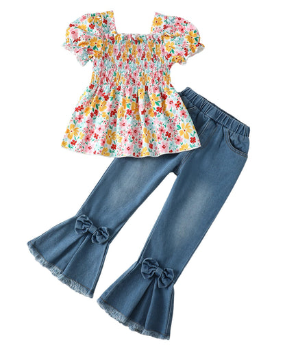 Kucnuzki Toddler Kids Girls Clothes Short Sleeve Shirt Top Flare Denim Jeans 2 Piece Outfits For Girls Cute Clothing Set