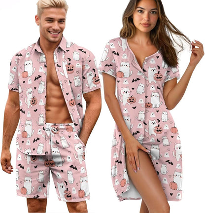 His and Her Pajamas for Couples Set Plus Size Button Down Pjs Nightgown Sleepwear Lounge Sets
