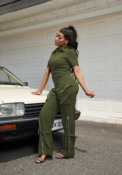 LKOUS Cargo Jumpsuits for Women Dressy, Sexy Short Sleeves V Neck Zipper One Piece Outfits with Pockets