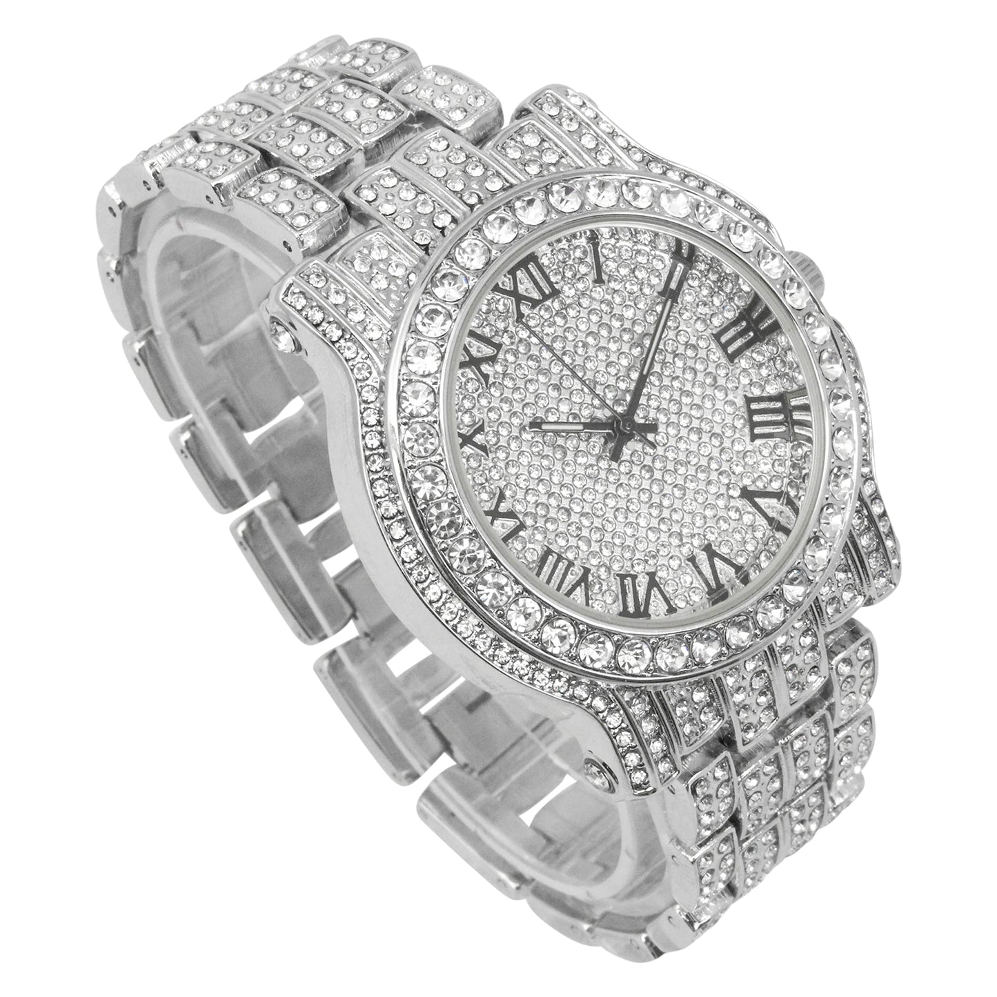 Charles Raymond Bling-ed Out Silver Round Luxury Mens Watch w/Bling-ed Out Bracelet - L0504B
