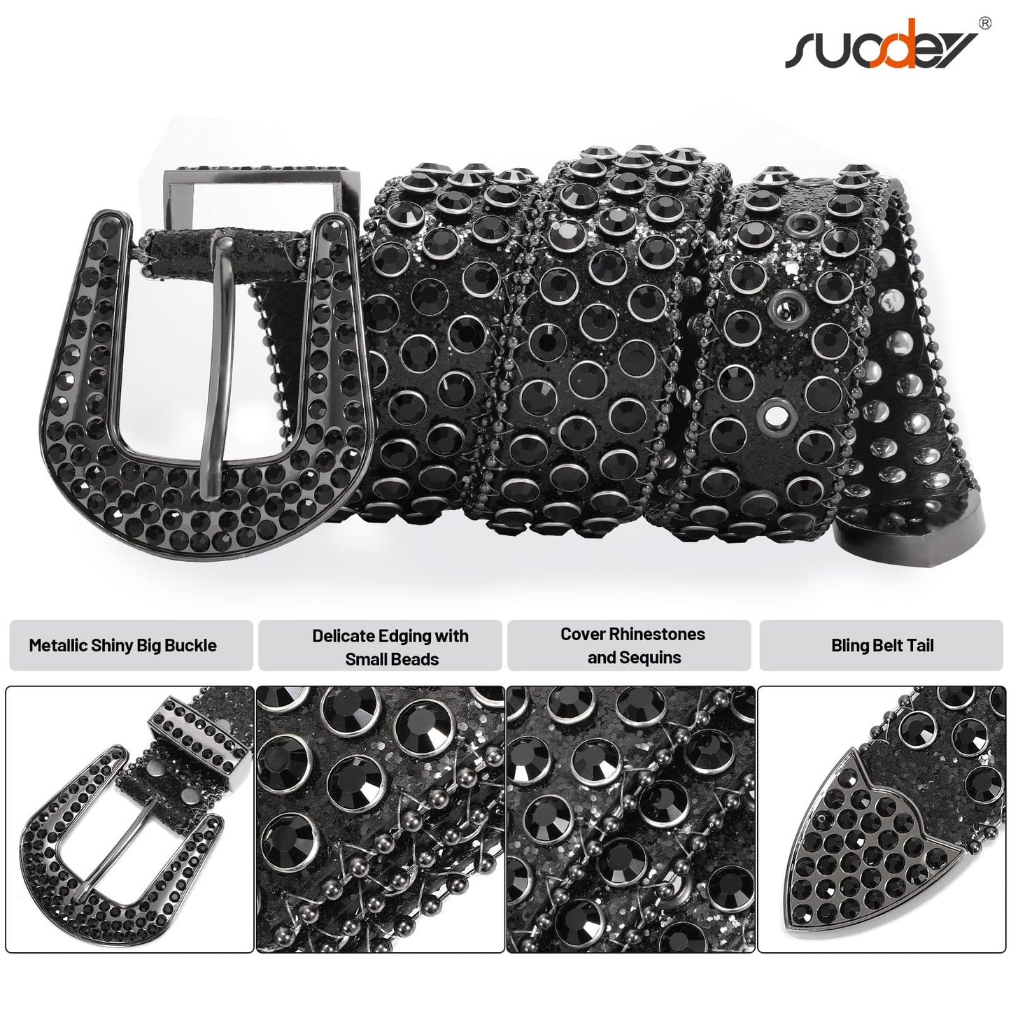 SUOSDEY Rhinestone Belt Unisex Sequin Strap Bling Crystal Western Studs Glitter Luxury Belt for Jeans Pants Dress