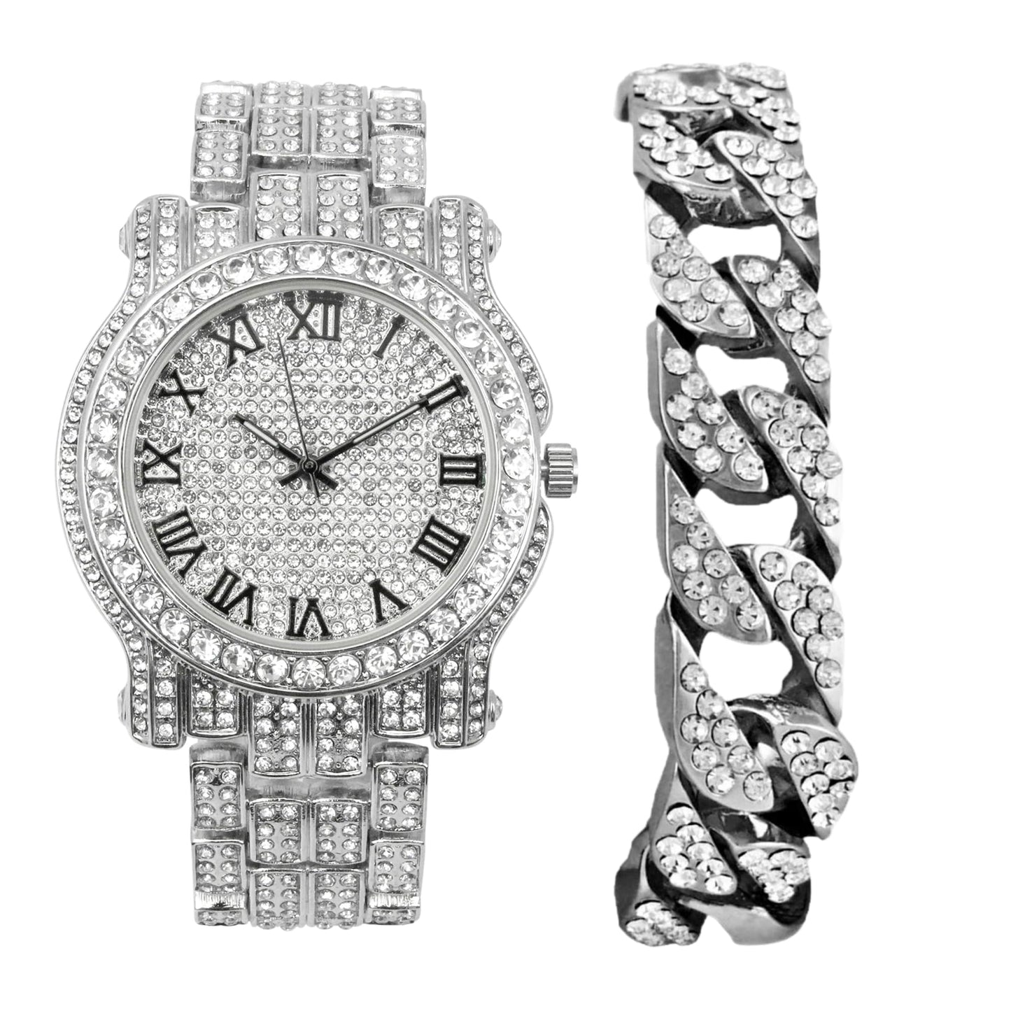 Charles Raymond Bling-ed Out Silver Round Luxury Mens Watch w/Bling-ed Out Bracelet - L0504B