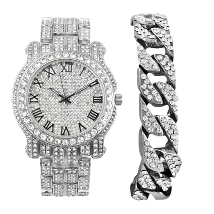 Charles Raymond Bling-ed Out Silver Round Luxury Mens Watch w/Bling-ed Out Bracelet - L0504B