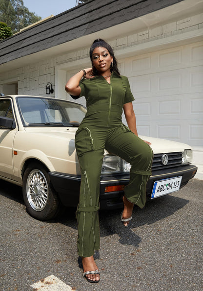 LKOUS Cargo Jumpsuits for Women Dressy, Sexy Short Sleeves V Neck Zipper One Piece Outfits with Pockets