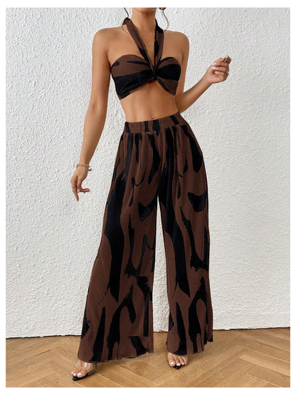 OYOANGLE Women's 2 Piece Outfits Graphic Print Knitted Crop Halter Top and Wide Leg Pants Set