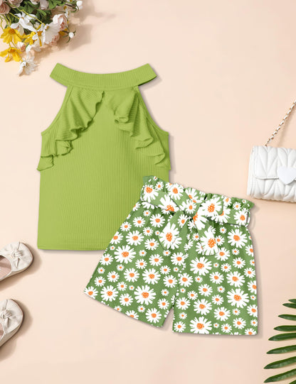 MIGU Girls Clothes Summer Halter Neck Ruffle Sleeveless Top Fashion Cute Floral Belt Shorts Two Piece Outfit Set Size 6-12