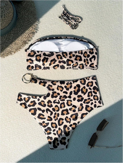 SweatyRocks Women's Leopard Print Bandeau Bikini Cut Out Strapless High Waisted 2 Piece Bathing Suit
