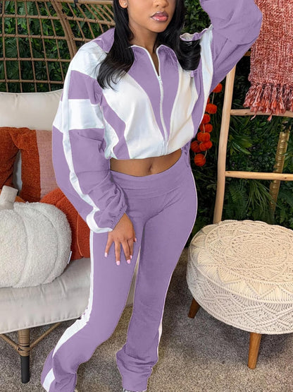 Women 2 Piece Outfit Long Sleeve Zip Up Crop Jacket High Waist Stretchy Pants