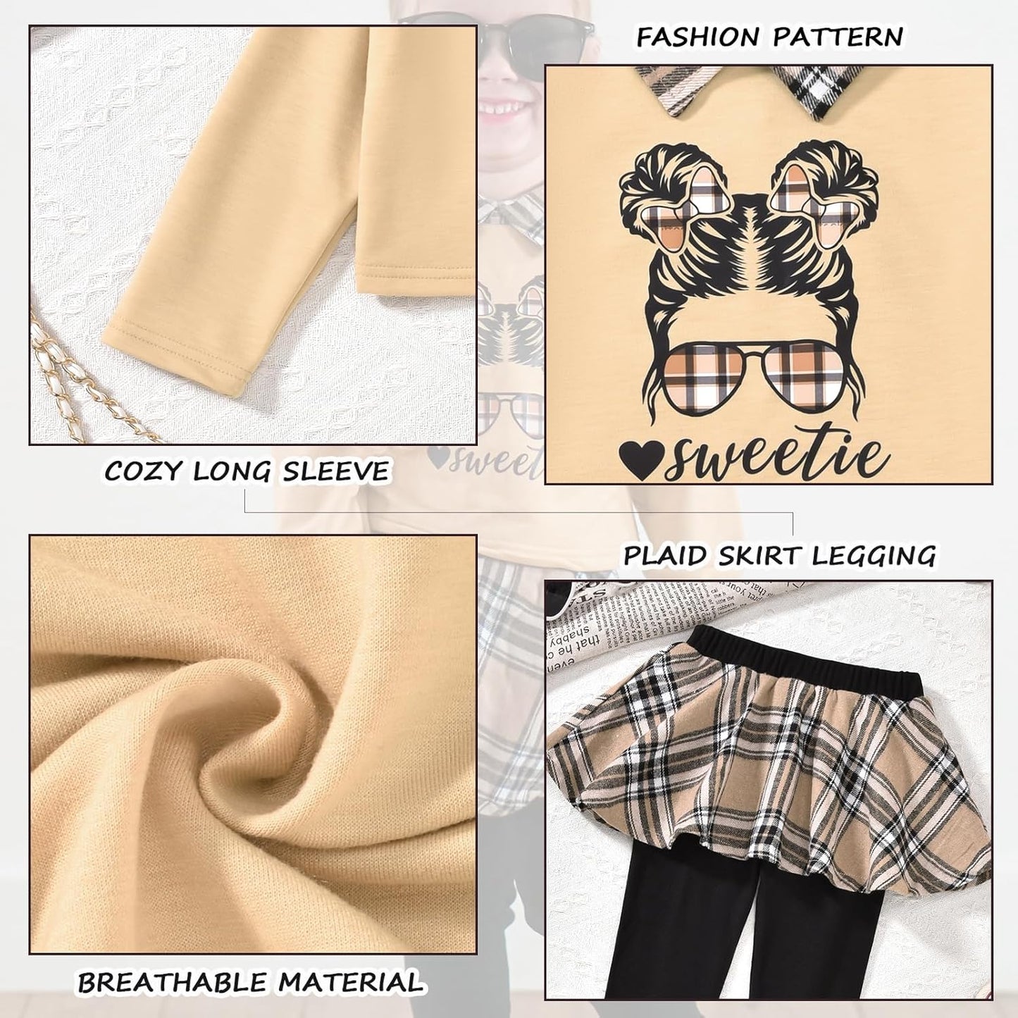 HINTINA Toddler Little Girl Letter Print Sweatshirt Top Plaid Skirt Pants Fall Winter Outfits