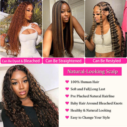 1B/30 Deep Wave Lace Front Wigs Human Hair Pre Plucked Balayage Ombre Brown Curly Lace Front Wig Human Hair13x4 HD Lace Frontal Glueless Wigs for Women 180% Density 26 Inch