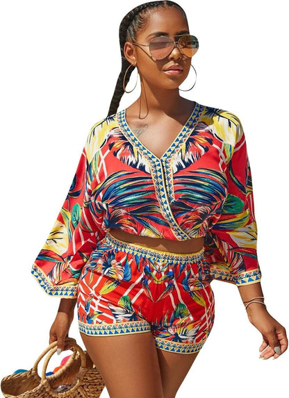 Sexy Two Piece Shorts Set - African Floral Jumpsuits Rompers Vacation Club Outfit