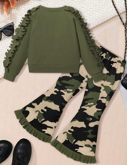 Toddler Girl Clothes Camo Girls Outfits Ruffle Sleeve Tops + Bell Bottom Flared Pants 2 Piece Winter Sweatsuit 2-10T