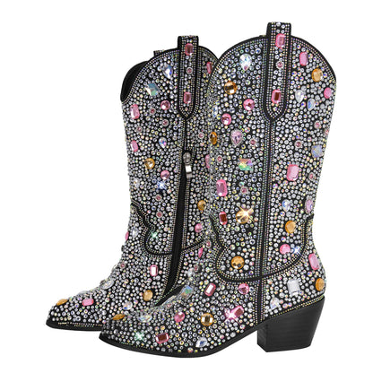 Richealnana Sparkly Rhinestones Cowboy Cowgirl Style Boots Calf High Boots for Women 2INCH Heeled Shining Pull On Tabs