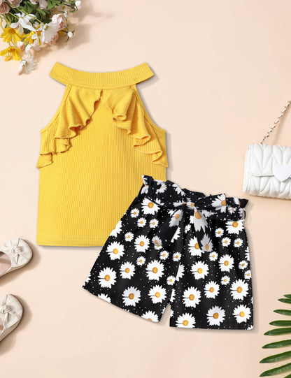 MIGU Girls Clothes Summer Halter Neck Ruffle Sleeveless Top Fashion Cute Floral Belt Shorts Two Piece Outfit Set Size 6-12
