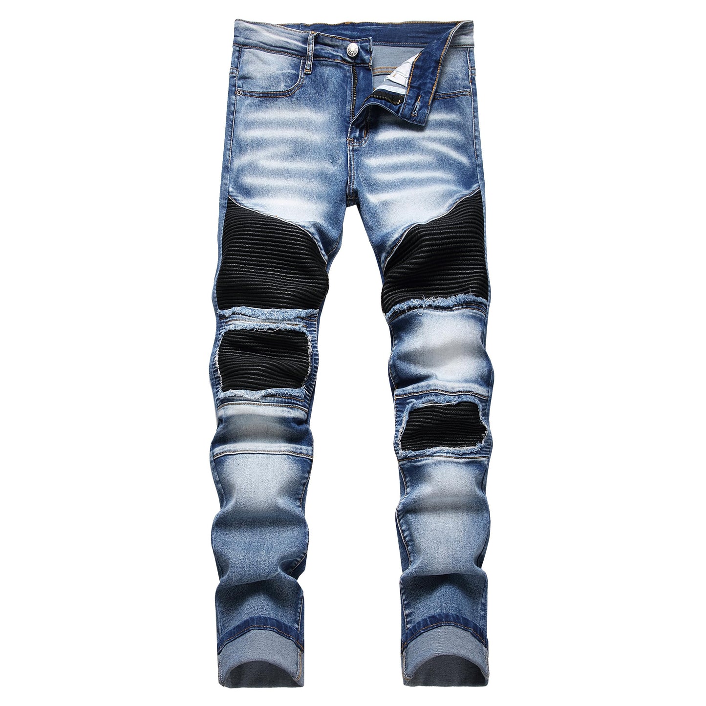 XIMXIMMTIAN Men's Biker Moto Washed Distressed Slim Fit Straight Jeans Denim