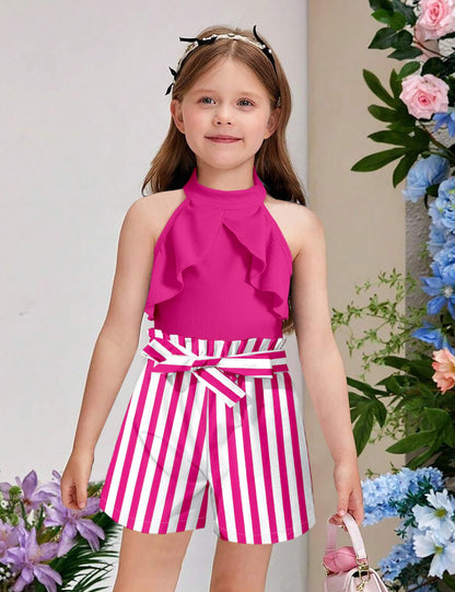MIGU Girls Clothes Summer Halter Neck Ruffle Sleeveless Top Fashion Cute Floral Belt Shorts Two Piece Outfit Set Size 6-12