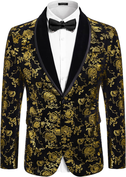 COOFANDY Men's Velvet Tuxedo Floral Blazer Jacket One Button Shawl Lapel Suit Jacket for Dinner Prom Party Wedding