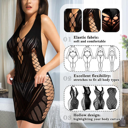 selizo Fishnet Lingerie Dress for Women, Black Fish Net Bodysuit Sexy Chemise Teddy Naughty Women's Mesh Lace Body Stockings