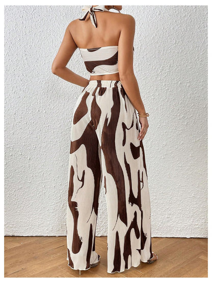 OYOANGLE Women's 2 Piece Outfits Graphic Print Knitted Crop Halter Top and Wide Leg Pants Set