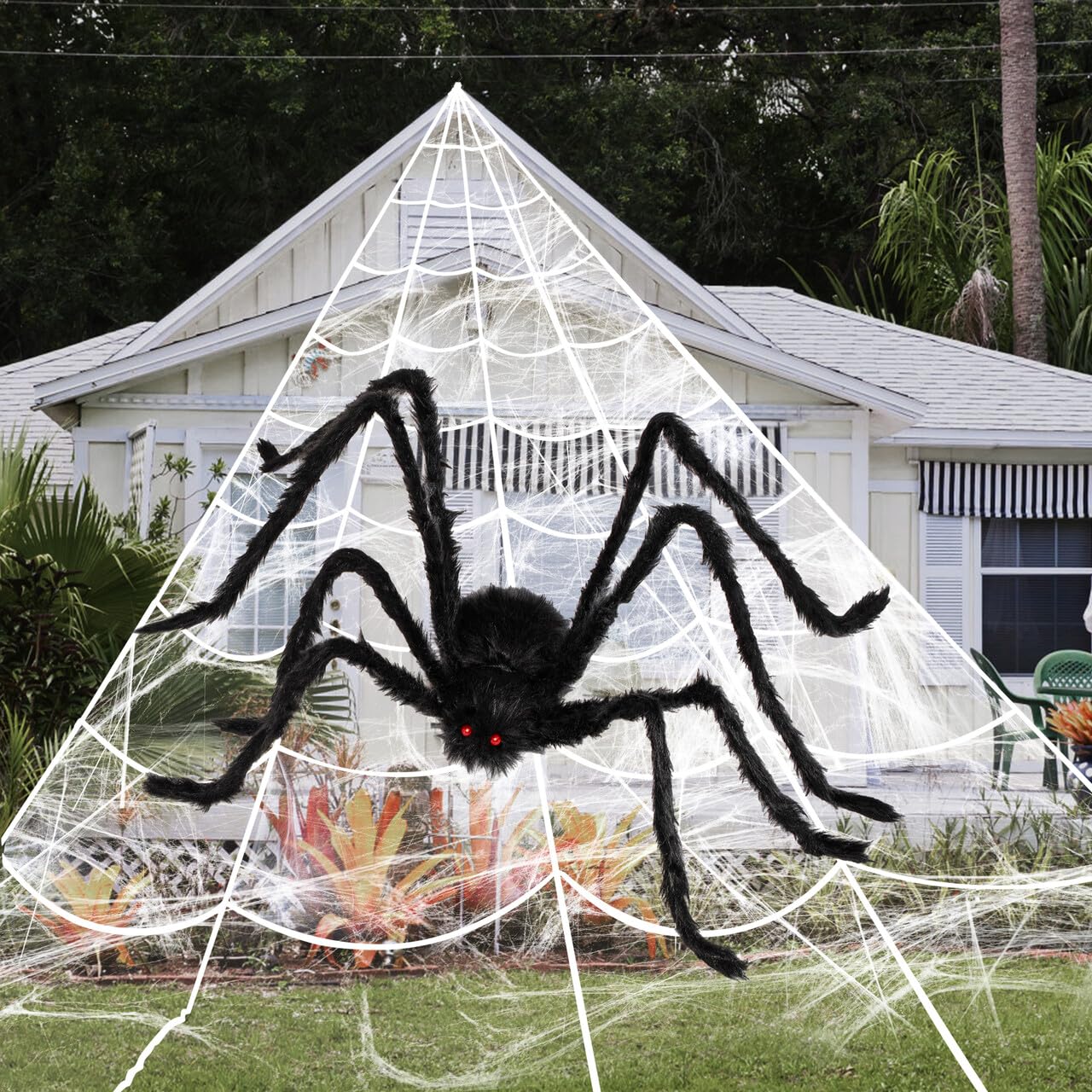 JOYIN Halloween Decoration Outdoor, 59‘’ Giant Spider with Spider Web Outside Decor, Triangular Spiderweb 16.4 x 15.7 ft and Stretchy Cobweb 100g for Yard Haunted House Indoor Decor Supplies