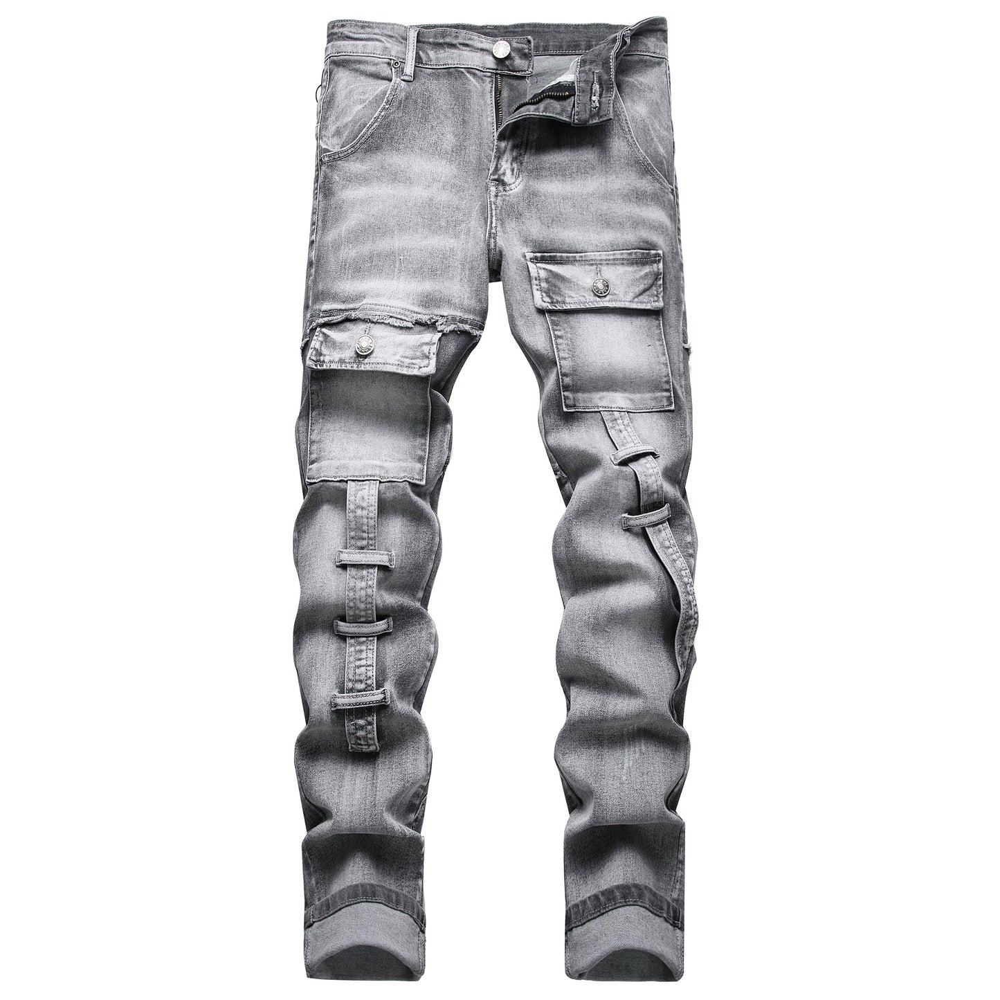XIMXIMMTIAN Men's Biker Moto Washed Distressed Slim Fit Straight Jeans Denim