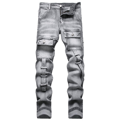 XIMXIMMTIAN Men's Biker Moto Washed Distressed Slim Fit Straight Jeans Denim
