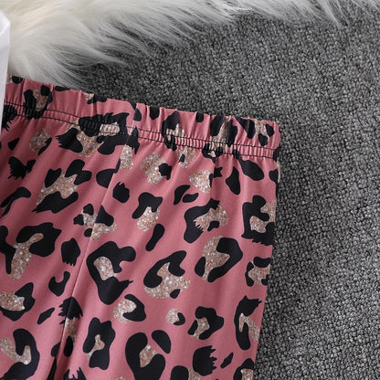 Toddler Girl Clothes Long Sleeve Cartoon & Letter Graphic Top + Fruit Stationery Print Flared Leg Pants