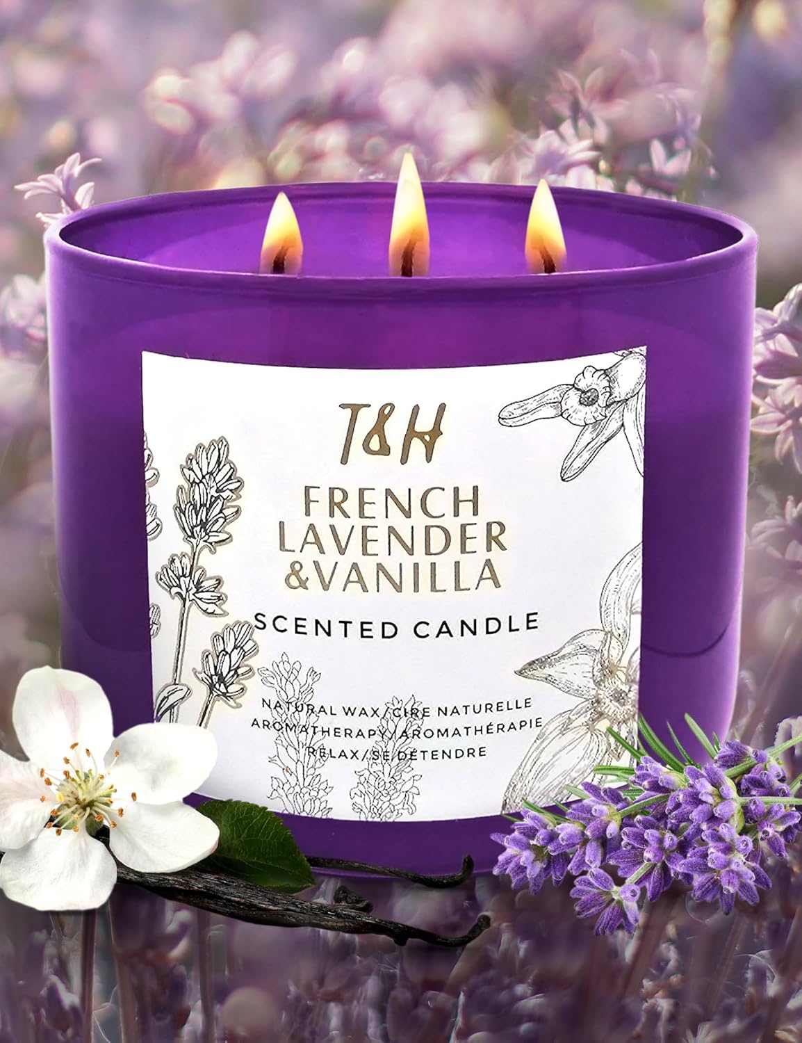 Lavender Vanilla Aromatherapy Candle 3 Wick | Scented Candles for Home | 15.8 oz Large Soy Candle | Relaxing Candles with Long Lasting Fragrance | Decorative Candle Gift for Women