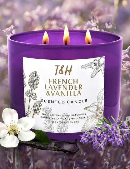 Lavender Vanilla Aromatherapy Candle 3 Wick | Scented Candles for Home | 15.8 oz Large Soy Candle | Relaxing Candles with Long Lasting Fragrance | Decorative Candle Gift for Women