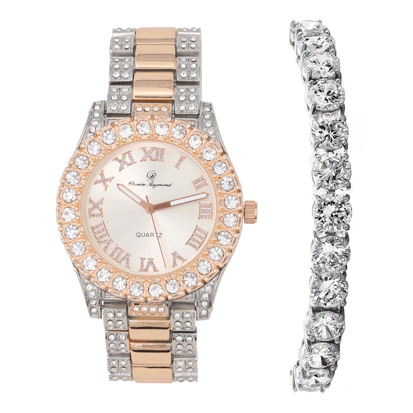 Charles Raymond Women's Big Rocks Bezel Colored Dial with Roman Numerals Fully Iced Out Watch - ST10327LA